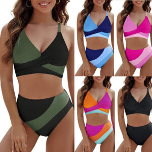 Wholesale Contrast Color 2 Piece Swimsuit Women's Strap Cross Bra Top Swimsuit Women's Beach Holiday Swimsuit Bikini suit