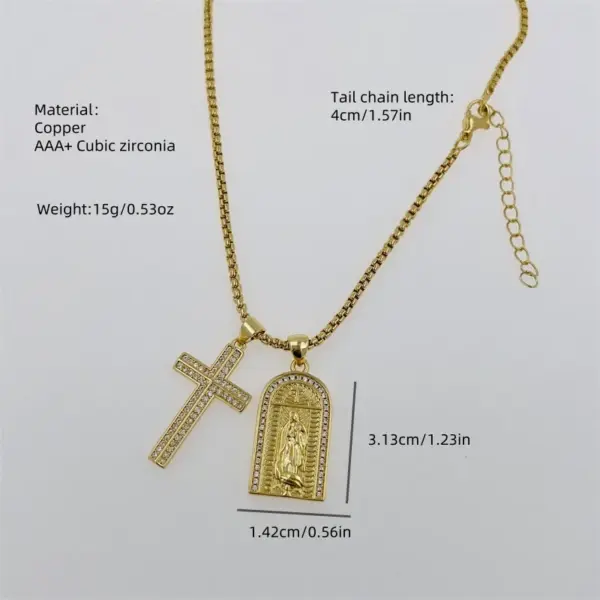 Wholesale Copper 18K Gold Plated Inlay Portrait Cross Zircon Pendant Necklace