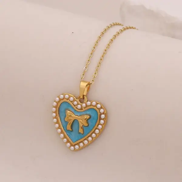 Wholesale PVD Coated 18K Gold Real Gold Plated Heart Shape Bow Knot 304 Stainless Steel Cute Romantic Waterproof Non Tarnish 304 Stainless Steel Lobster Trigger Clasp Closure Pendant Necklace