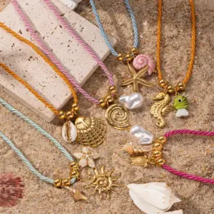Wholesale Tina Stainless Steel Necklace Simple High-End Ocean Element Shell Colorful Rope Pendant Necklace Jewelry