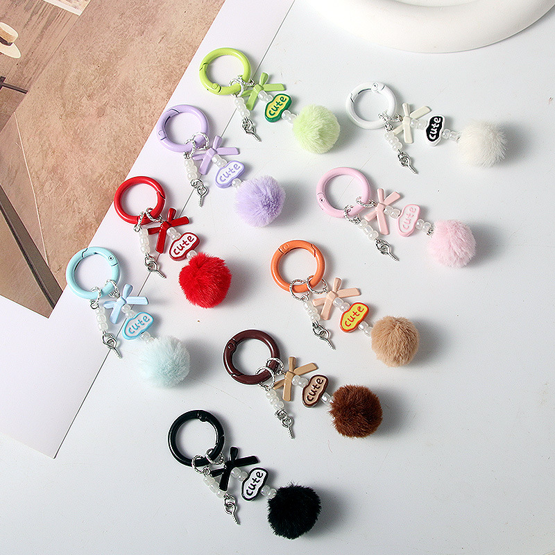 Wholesale New Style Simple Handmade DIY Hair Ball Letter Blind Box Cute Grain Pendant Beaded Keychain Mobile Phone Chain Bag Hanging Decoration