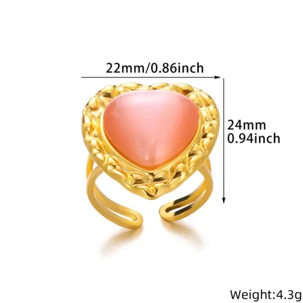 Wholesale PVD Coated Real Gold Plated Heart Shape 304 Stainless Steel Synthetic Gemstones Elegant French Style Sweet Waterproof Non Tarnish Open Rings