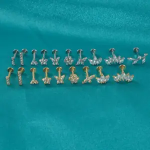 Wholesale 1 Piece Ear Cartilage Rings & Studs Hip-Hop Simple Style Commute Four Leaf Clover Flower Butterfly 304 Stainless Steel Inlay Zircon Ion Plating (IP) 18K Gold Plated Lip