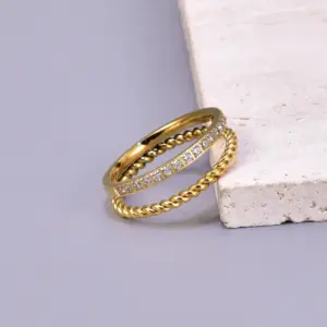 Wholesale 304 Stainless Steel Solid Color PVD Coated Zircon 18K Real Gold Plated Simple Style Classic Style Commute Waterproof Non Tarnish Plating Inlay Gold Rings