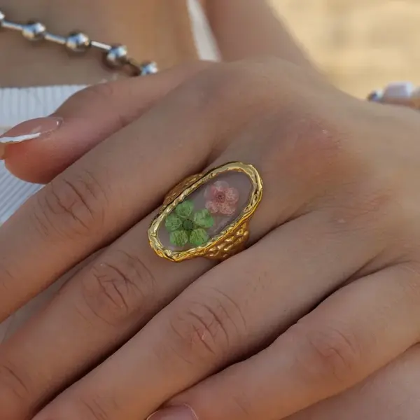 Wholesale Jewelry Elegant Retro Dried Flower 304 Stainless Steel PVD Coated Plating Open Rings