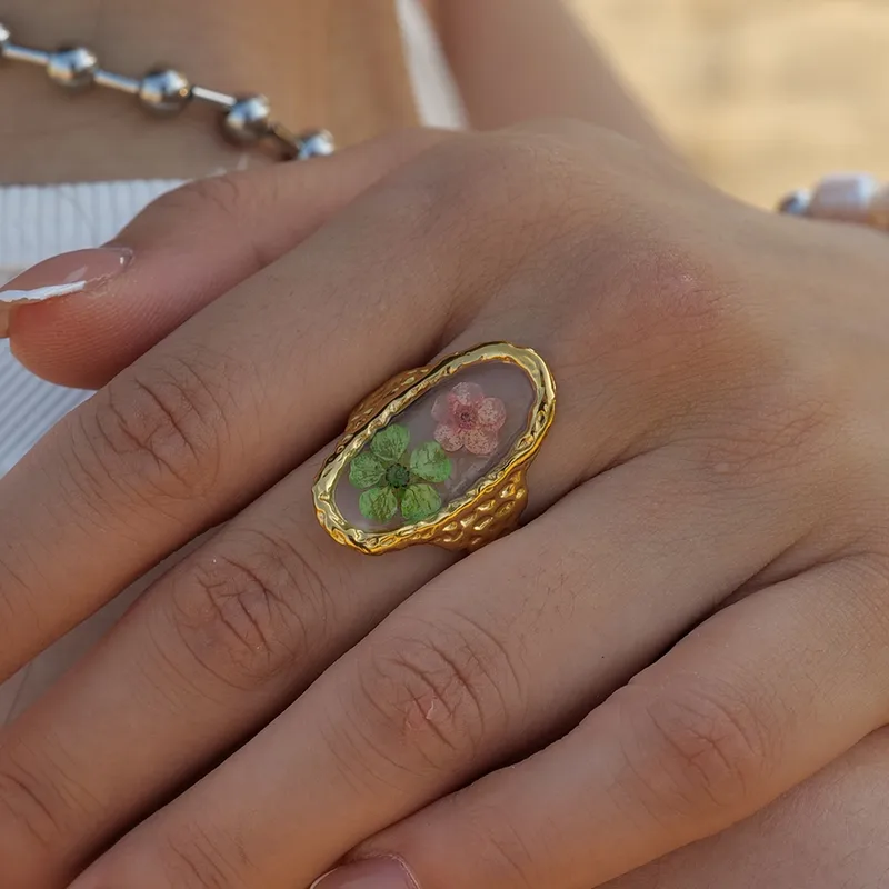 Wholesale Jewelry Elegant Retro Dried Flower 304 Stainless Steel PVD Coated Plating Open Rings