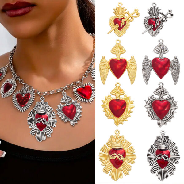 Wholesale Cross-border European and American Retro Gothic Red Heart Alloy Relief Accessories Love Wings Necklace Pendant Party