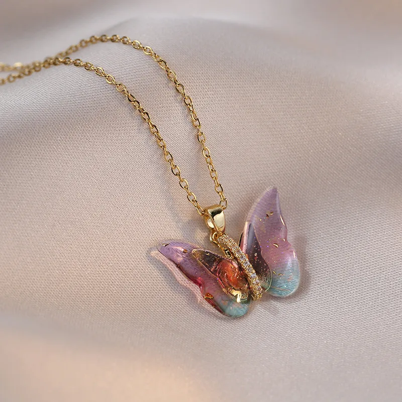 Wholesale Sweet Butterfly Titanium Steel Inlay Zircon Pendants Pendant Necklace