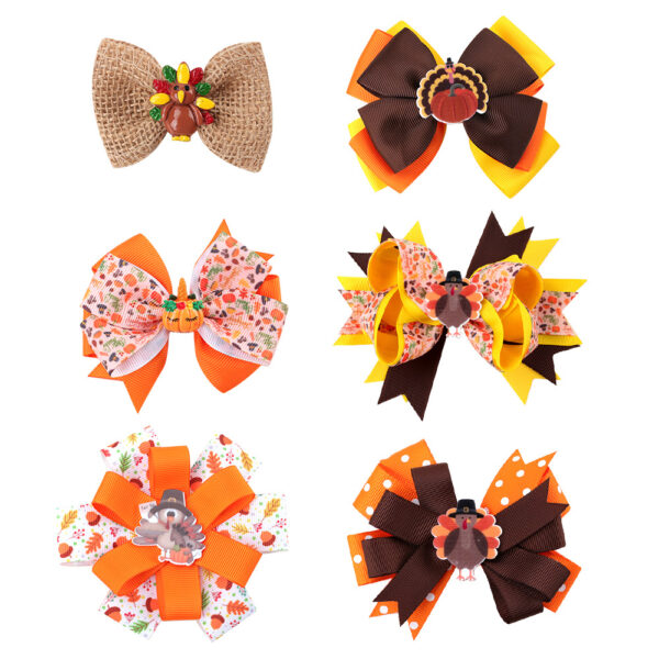 Wholesale Amazon Hot Sale Thanksgiving Children's Bow Hairpin Point Small Turkey Accessories Headwear Rowan Ribbon Hair Accessories