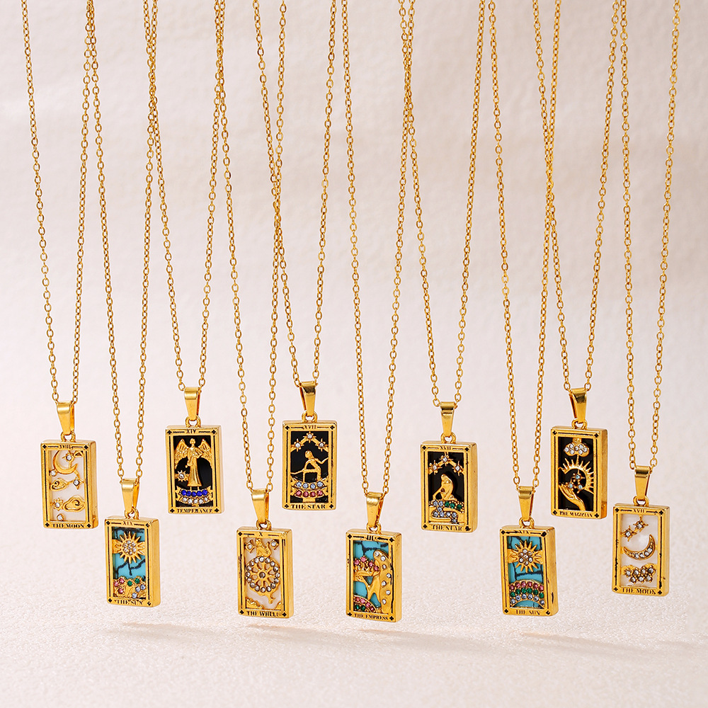 Wholesale Ins pular Style Retro Stainless Steel Necklace Non-Fading Rectangular Oil ipping Zircon Tarot Card Pendant Clavicle Chain for Women