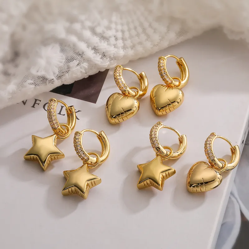 Wholesale 1 Pair Simple Style Commute Star Heart Shape Plating Inlay Copper Zircon 18k Gold Plated op Earrings