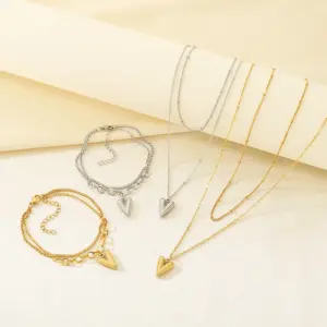 Wholesale Fashionable Minimalist Double Layer Stainless Steel Bead Chain Heart Pendant Splicing Chain Necklace Jewelry Set For Women