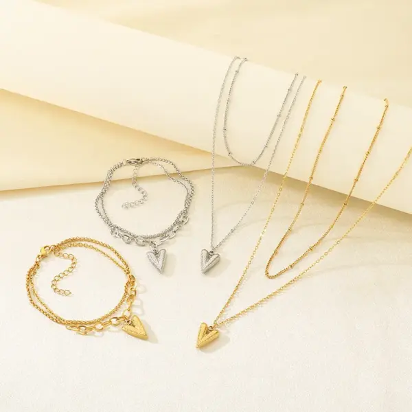 Wholesale Fashionable Minimalist Double Layer Stainless Steel Bead Chain Heart Pendant Splicing Chain Necklace Jewelry Set For Women