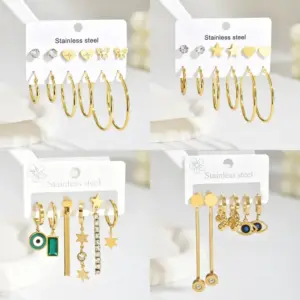 Wholesale 304 Stainless Steel Pentagram Red Heart PVD Coated Artificial Crystal Real Gold Plated Gold Plated Casual Modern Style Simple Style Waterproof Non Tarnish Earrings