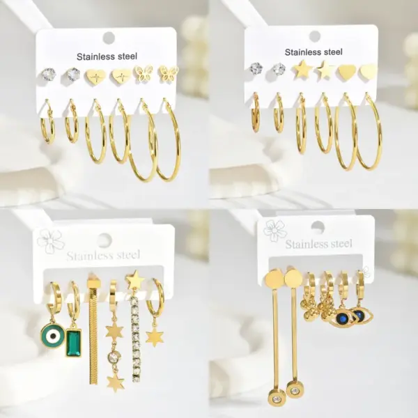 Wholesale 304 Stainless Steel Pentagram Red Heart PVD Coated Artificial Crystal Real Gold Plated Gold Plated Casual Modern Style Simple Style Waterproof Non Tarnish Earrings