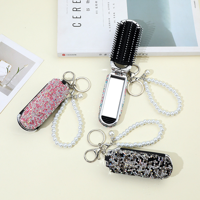 Wholesale Cross-border Diamond Folding Travel rtable Small Comb rtable Airbag Massage Comb Extracting Cosmetic Mirror Two-in-One Comb