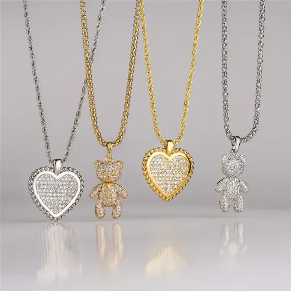 Wholesale Cartoon Style Bear Heart Shape Copper Plating Inlay Zircon Sweater Chain 1 Piece