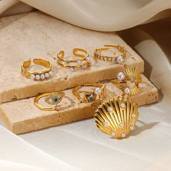 Wholesale PVD Coated Real Gold Plated Eye Butterfly Shell 304 Stainless Steel IG Style Waterproof Non Tarnish Open Rings