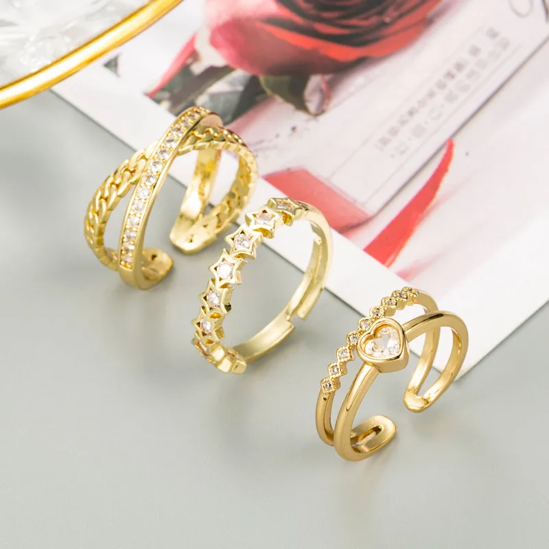 Wholesale Fashion Geometry Pattern Star Heart Copper Micro-inlaid Zircon Ring