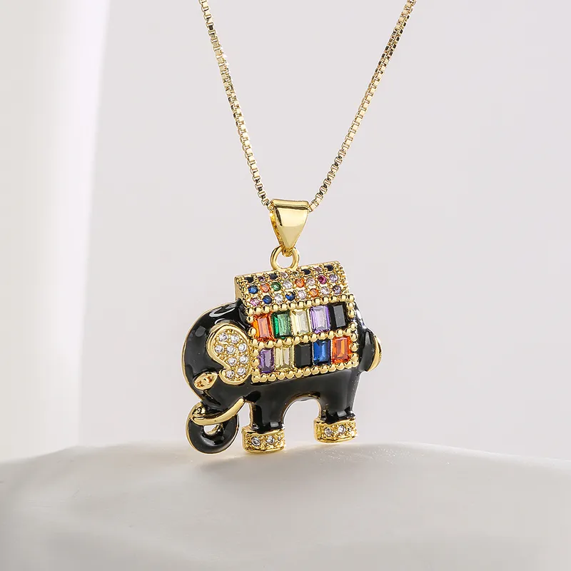 Wholesale Fashion Elephant Copper Enamel Gold Plated Zircon Pendant Necklace 1 Pair
