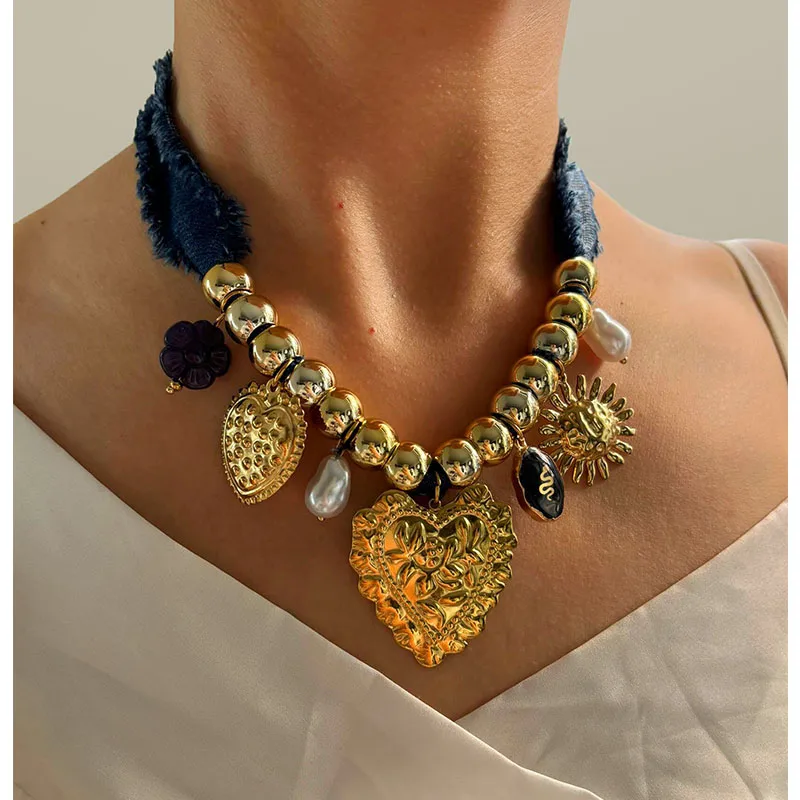 Wholesale 304 Stainless Steel Cloth Fabric Geometric Sun Heart Shape PVD Coated Acrylic Imitation Pearl Resin Real Gold Plated IG Style Vintage Style Luxurious Hypoallergenic Denim Rope Lobster Trigger Clasp Closure Gold Pendant Necklace