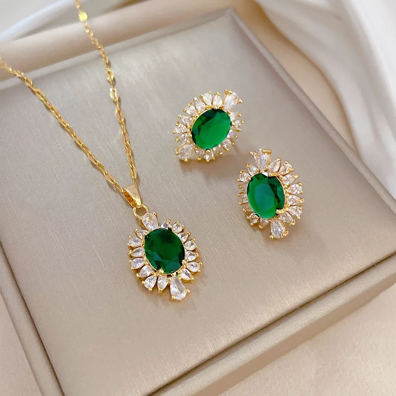 Wholesale Golden Plated 304 Stainless Steel Electroplating Zircon Geometric Glam Coee Bean Chain Earrings Necklace For Women'S