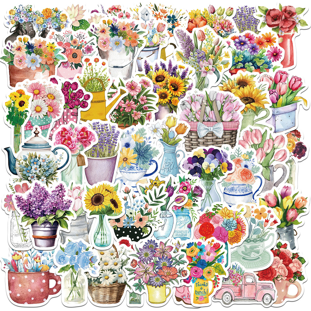 Wholesale 50 Cross-border New Flower Graiti Stickers Cartoon Bouquet Waterproof Decorative Lage Laptop Phone Stickers