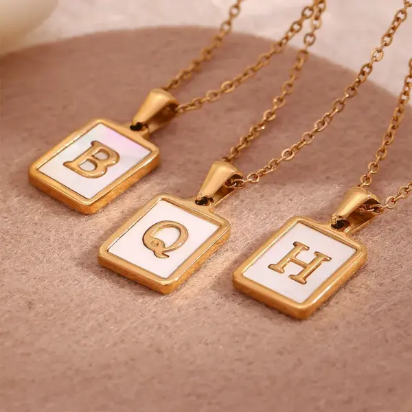 304 Stainless Steel Letter Square PVD Coated Shell 18K Real Gold Plated Vintage Style Waterproof Non Tarnish Plating Inlay Cable Chain White Gold Pendant Necklace