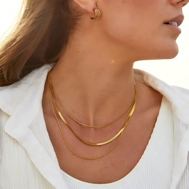 Wholesale PVD Coated Real Gold Plated 18K Gold Solid Color 304 Stainless Steel Simple Style Waterproof Non Tarnish 304 Stainless Steel Three Layer Nec