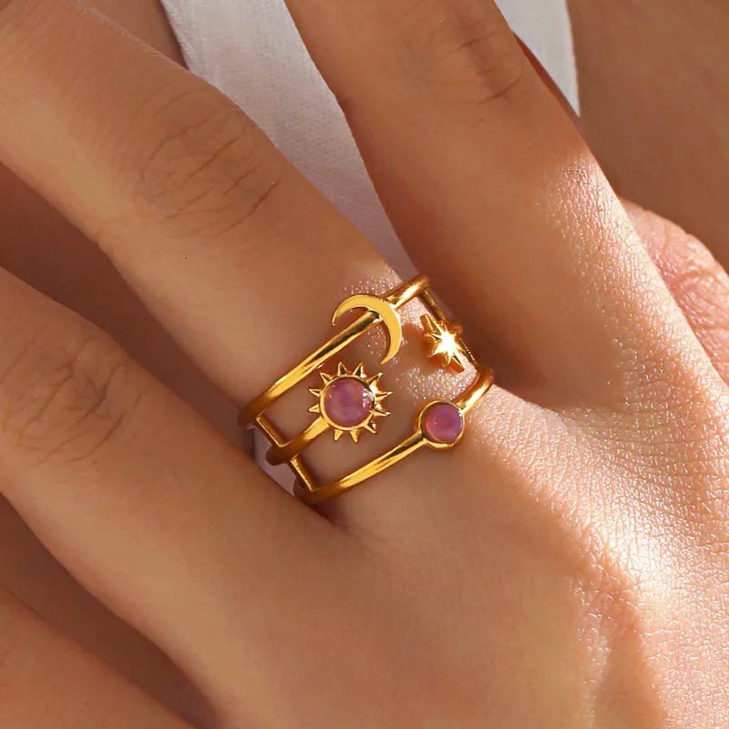 Wholesale Ion Plating (IP) 18K Gold Plated Sun Star Moon 304 Stainless Steel IG Style Waterproof Non Tarnish Open Rings