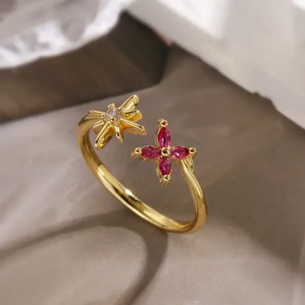 Wholesale Simple Style Flower Copper 18k Gold Plated Zircon Open Rings In Bulk