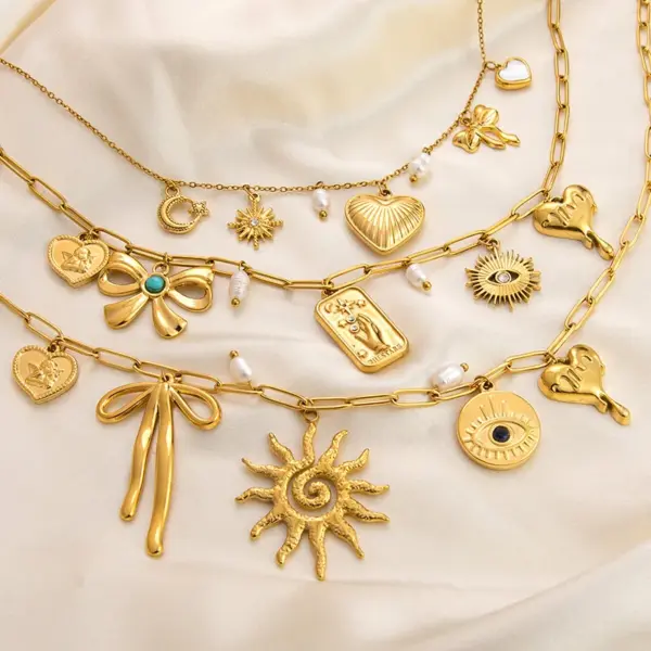 PVD Coated Real Gold Plated Devil's Eye Heart Shape Bow Knot Titanium Steel Classic Style Waterproof Non Tarnish Titanium Steel Lobster Trigger Clasp Closure Pendant Necklace