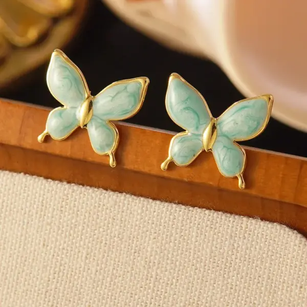 304 Stainless Steel Plastic Butterfly Electroplating Imitation Gold Princess Simple Style Enamel Gold Ear Studs