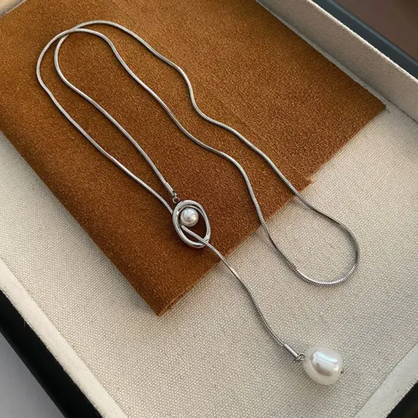 Stainless Steel Pearl Extender Chain Fashionable Simple Sweater Chain Clavicle Chain Pendant Trendy Geometric Pattern Titanium Steel Necklace For Women