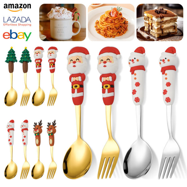 Wholesale Cartoon Christmas Dessert Fork and Spoon Cutlery Set