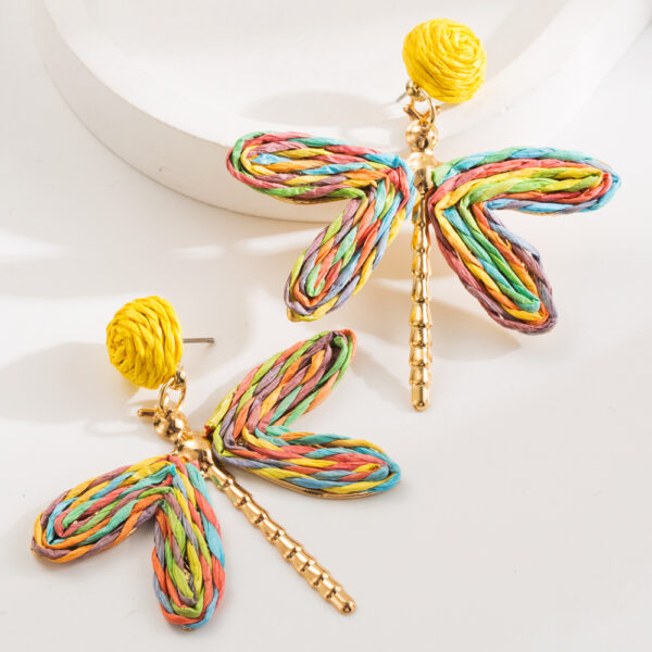 Wholesale European and American Exaggerated Hand-woven Rafi Grass Dragonfly Earrings Bohemian Niche Holiday Style Fresh Earrings Earrings