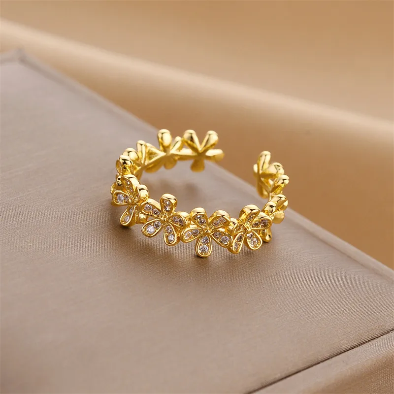Wholesale Fashion Flower Copper Plating Zircon Open Ring 1 Piece