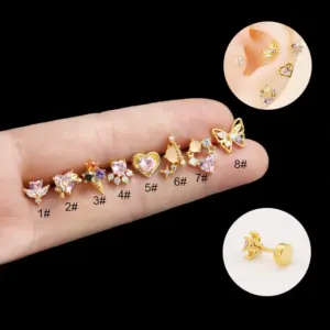 Wholesale 1 Piece Copper Zircon Ear Cartilage Rings & Studs Heart Shape Butterfly Waterproof Non Tarnish Surgical Steel
