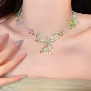 Green beaded bow necklace