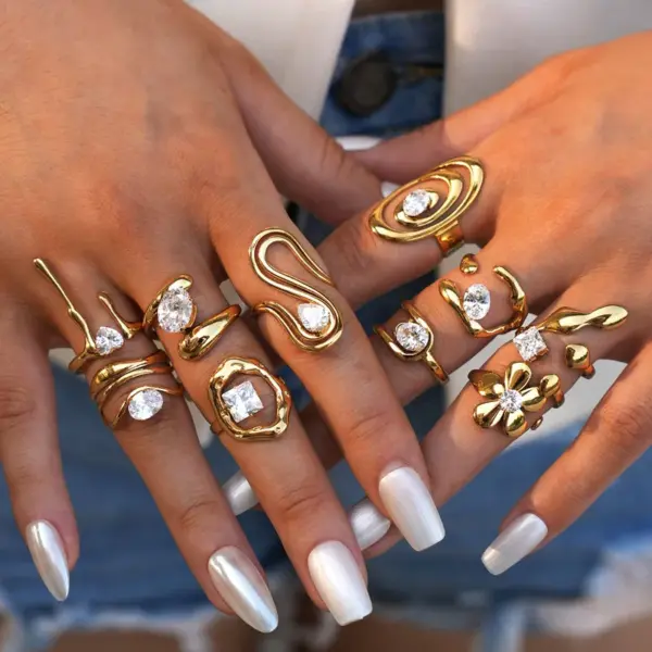 Summer Ladies 18K Gold Plated Stainless Steel Cubic Zirconia Ring Adjustable Size Elegant Luxury Romantic Jewelry Accessories