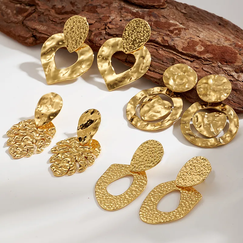 Wholesale Vintage INS Style European And American 304 Stainless Steel Embossed Hammered Round Heart Leaf Irregular Casual Women's Earrings