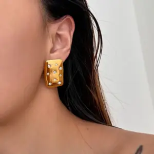 Wholesale 1 Pair Basic Vintage Style Commute Square Inlay 304 Stainless Steel Zircon 18K Gold Plated Ear Studs