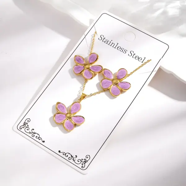 Wholesale 304 Stainless Steel Oil Drop Five Leaf Flower Necklace Earring Set Women's Jewelry Accessories Holiday Casual Vacation Style