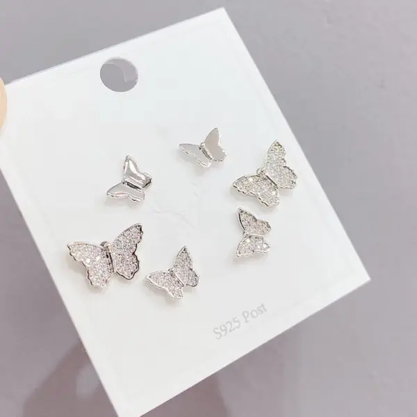 Wholesale Sweet Butterfly Copper Ear Studs Gold Plated Zircon Copper Earrings 3 Pairs