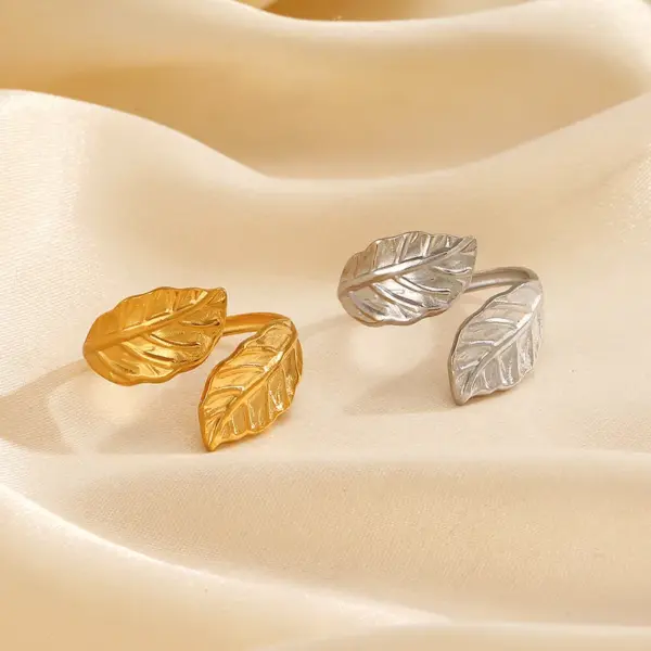 Wholesale Ion Plating (IP) 18K Gold Plated Leaves 304 Stainless Steel Classic Style IG Style Waterproof Non Tarnish Open Rings