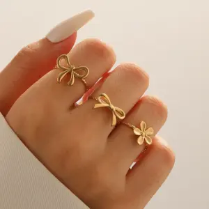 Wholesale Fashionable Small Exquisite Cute Sweet Design Open Stainless Steel Ring Bowknot Flower Shape Gold-plated Non-fading Ring Suitable For Daily Casual Dating