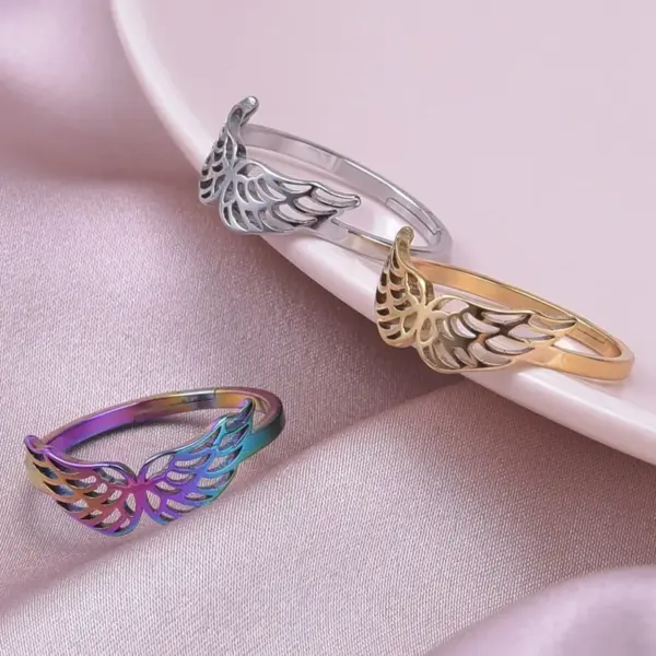 Wholesale PVD Coated Real Gold Plated 18K Gold Wings 304 Stainless Steel Basic Waterproof Non Tarnish Open Rings