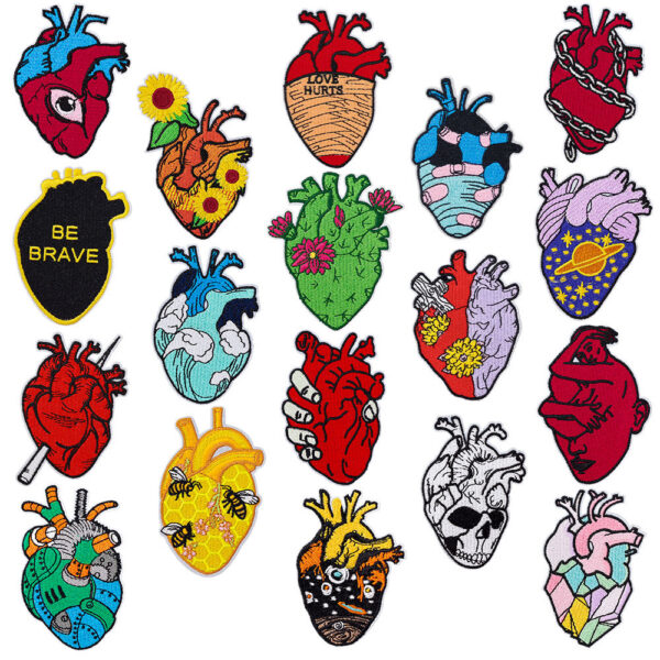 Wholesale Heart-shaped embroidered patches with the letter "LOVE HURTS BE BRAVE" in multi-color design - DIY accessory.