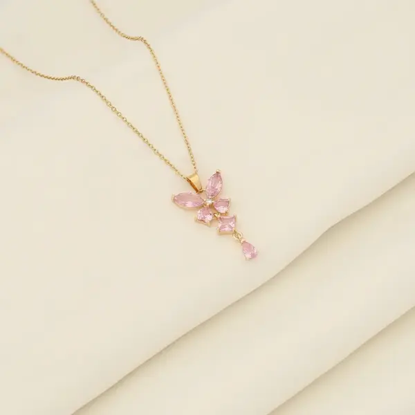 Wholesale IG Style Wedding Romantic Butterfly Stainless Steel Copper Plating Inlay 18K Gold Plated Glass Pendant Necklace