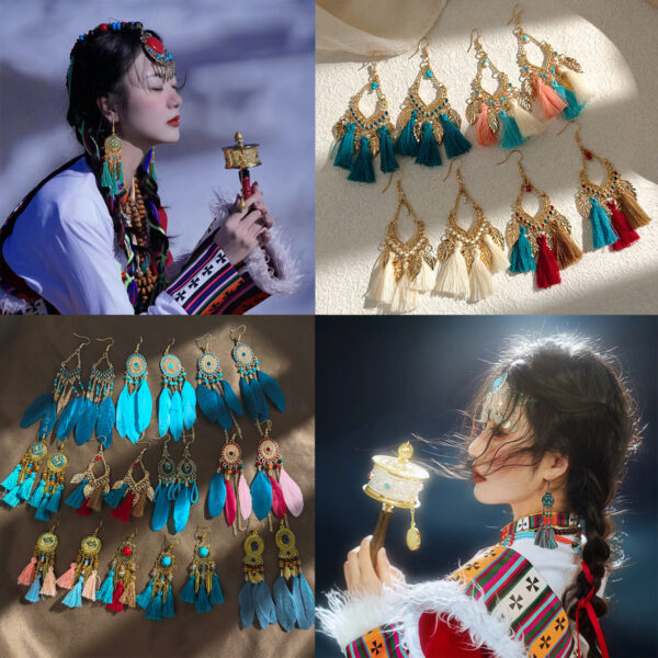oly-5e74775cfeb81a34b3c7000ddc338094 Wholesale Bohemian Color Feather Clip Fabric Tassel Rice Bead Earrings Retro Ethnic High-end Hollow Earrings